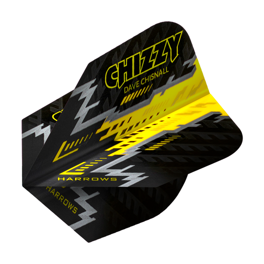 Das Bild zeigt ein Dartflight mit schwarzem, gelbem und silbernem Design. Auf dem Flight steht "Chizzy Dave Chisnall" sowie "Harrows".